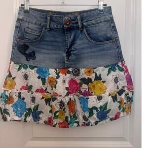 Y2K Desigual Exotic Jeans Floral Patchwork Tiered Mini Skirt EUR 34 Boho Indie